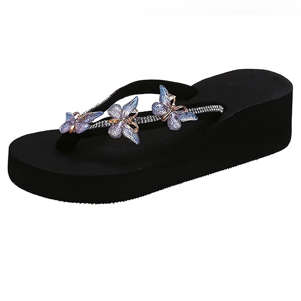 ✅ NEW Sandals or Flip Flop Rhinestone Blue Butterfly Decor Black 2” Wedge Size 8 - Picture 4 of 4